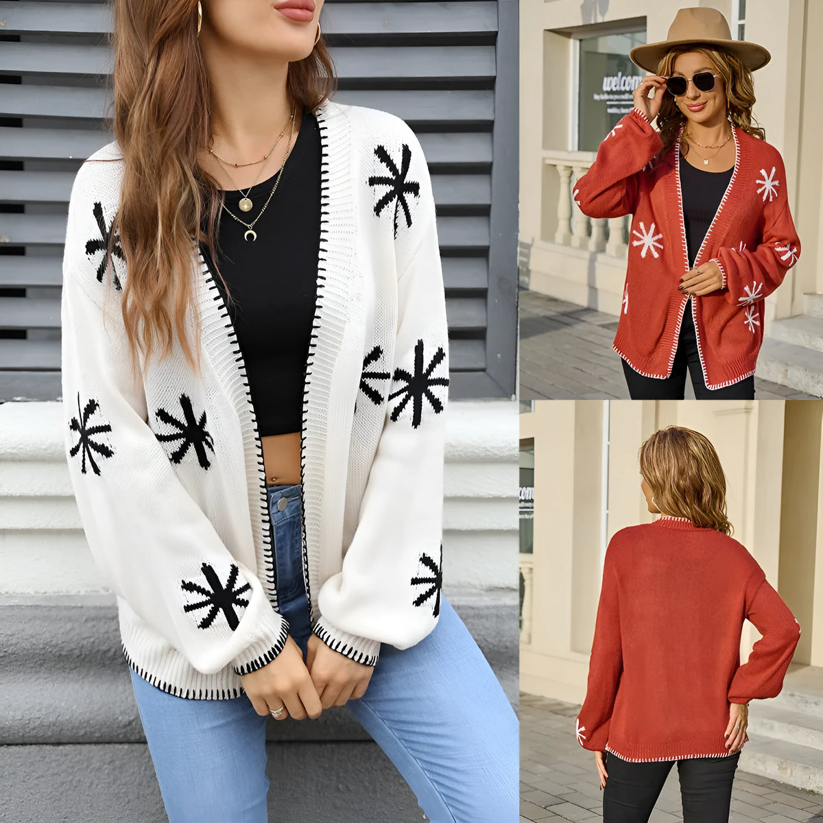 Plus size jacquard flower off-neck knitted cardigan coat in beige or orange, loose thin acrylic, sizes S to XL