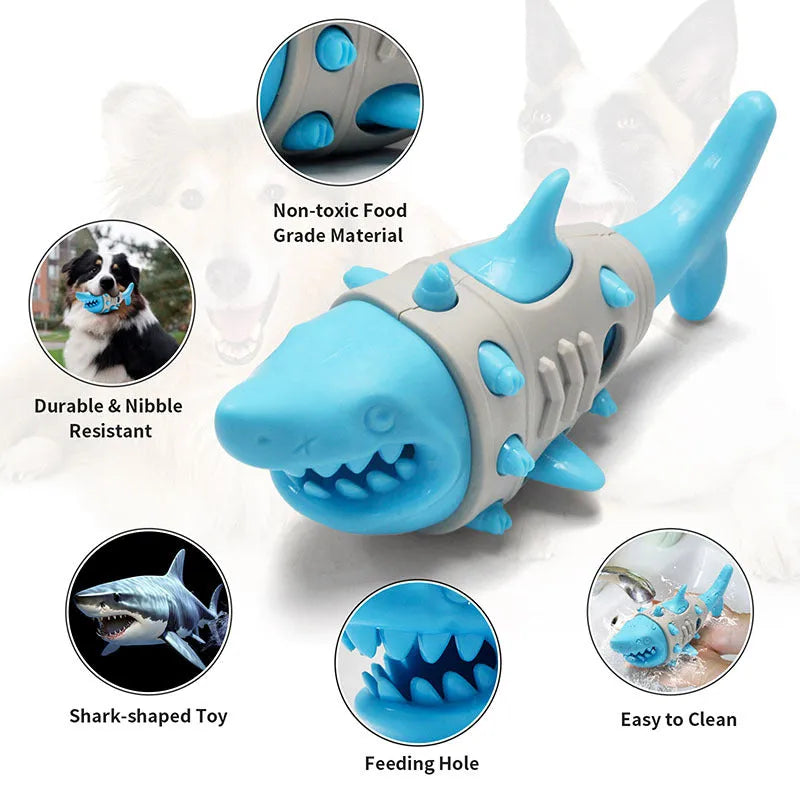 Blue shark-tooth dog chew toy with textured cleaning surfaces and bite-resistant construction