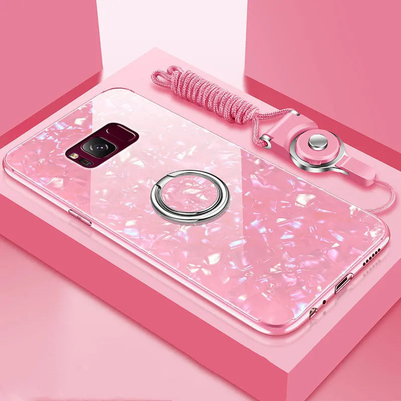 Tempered glass phone case for Samsung S8 and S9 in black, pink, red, and white colours