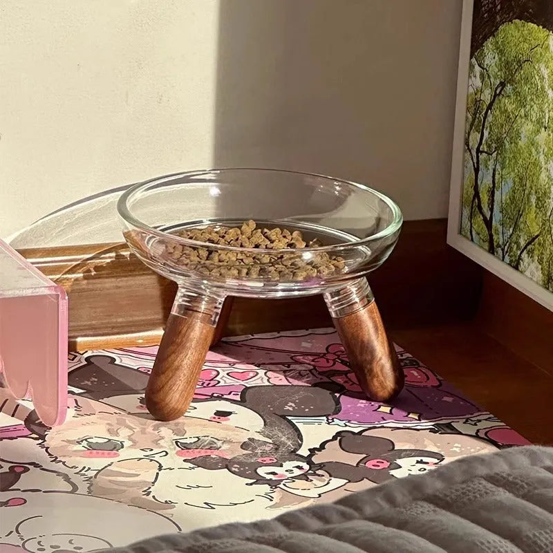 Light colour plastic pet bowl with removable glass bowl for cervical protection and spill resistance