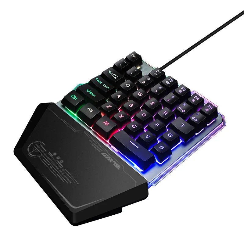 Black robotic one-handed gaming keyboard with RGB backlight and 1.8 metre USB cable