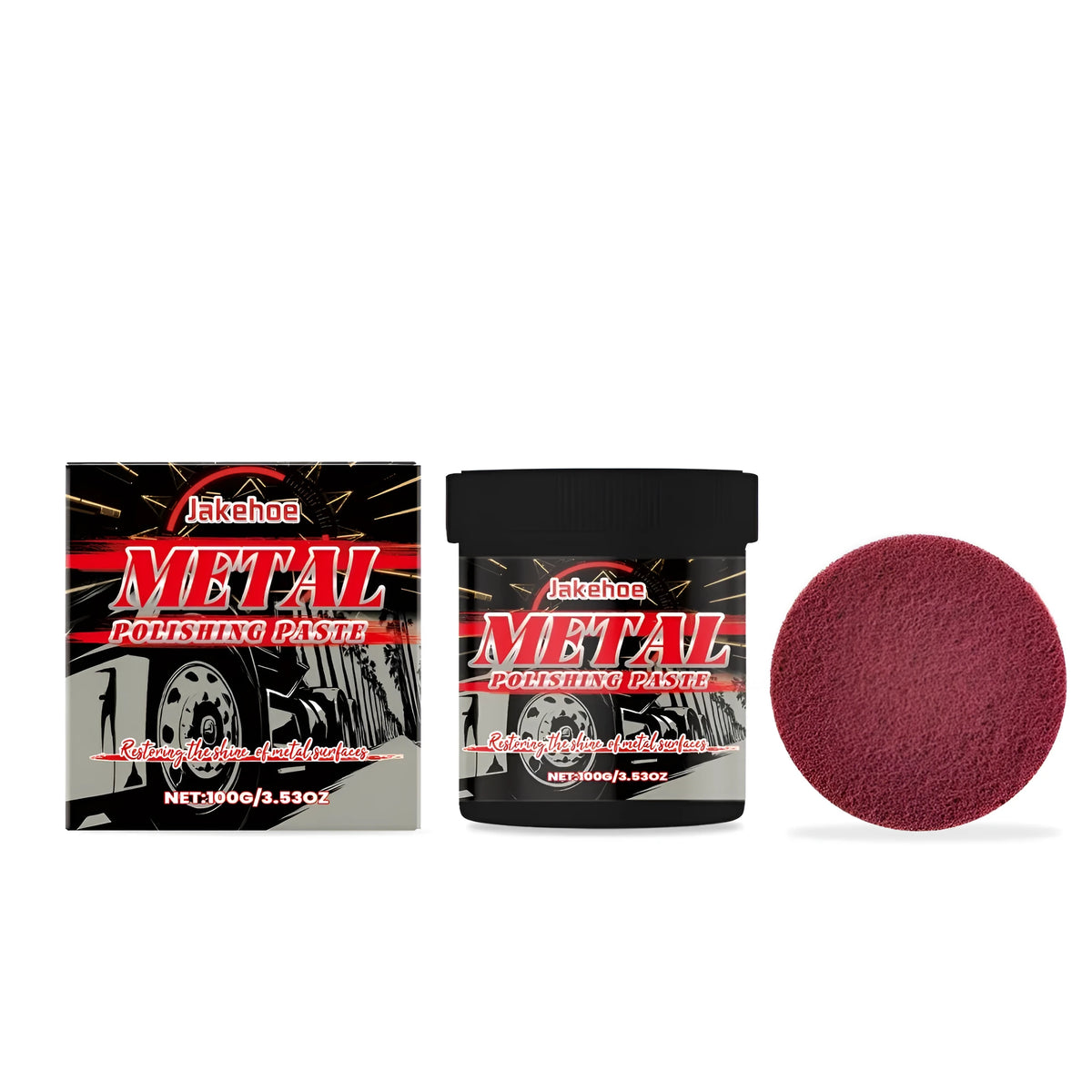 JAKEHOE metal polishing paste 100g tube and white sponge polishing pad on a blue background.