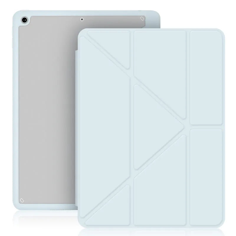 iPad protective case with Y-shaped folding bracket stand and Apple Pencil storage slot in imitation leather