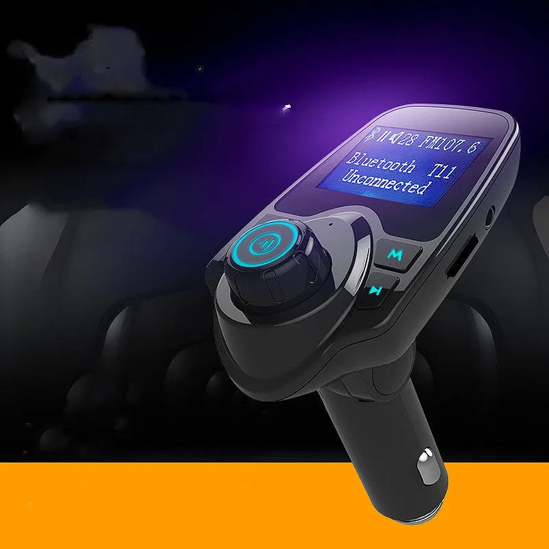 Black G7 Bluetooth car FM transmitter and hands-free kit plugged into a car's 12V socket.