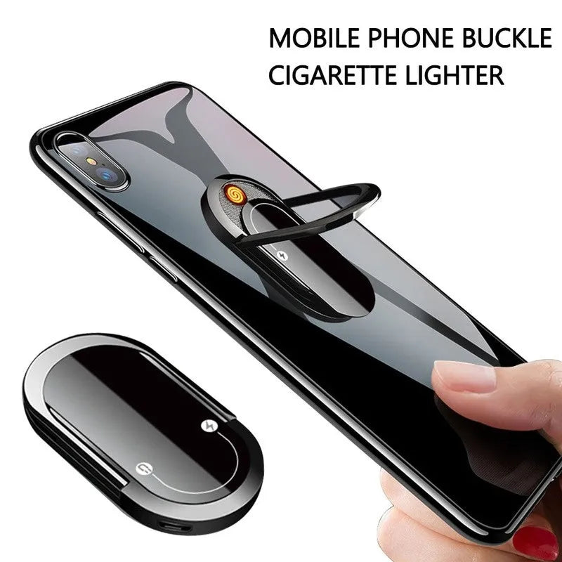 2 in 1 USB plasma lighter and phone holder in aluminium alloy, black ice, with ring buckle and 3M tape