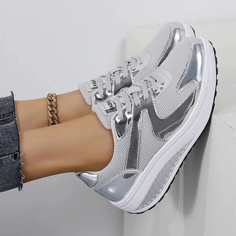 Women's gold mesh sports shoes with cross strap and waterproof platform sole