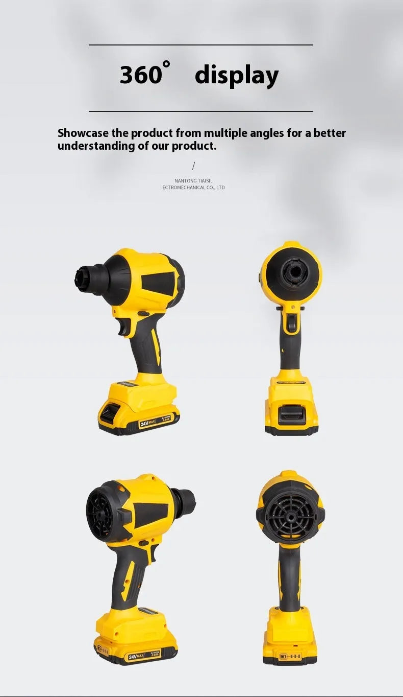 Yellow cordless handheld dust gun blower with accessories for home and office cleaning