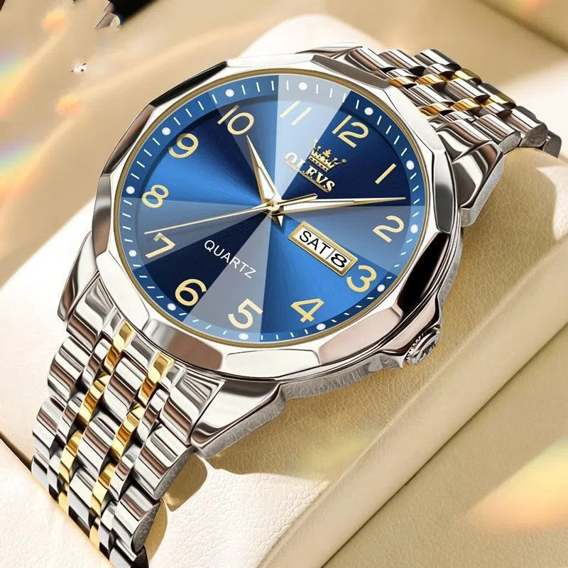Men's digital calendar quartz watch with luminous hands and stainless steel band, round dial, available in all black