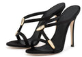 Black stiletto sandals with 9 cm heel, satin upper, microfiber leather insole and non-slip rubber sole