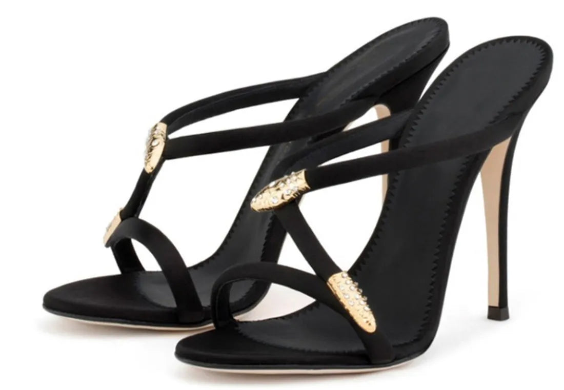 Black stiletto sandals with 9 cm heel, satin upper, microfiber leather insole and non-slip rubber sole