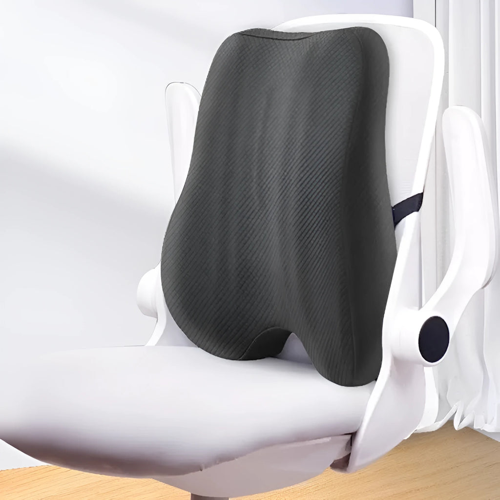 Grey office lumbar support pillow on a chair, dimensions 40x40x8cm