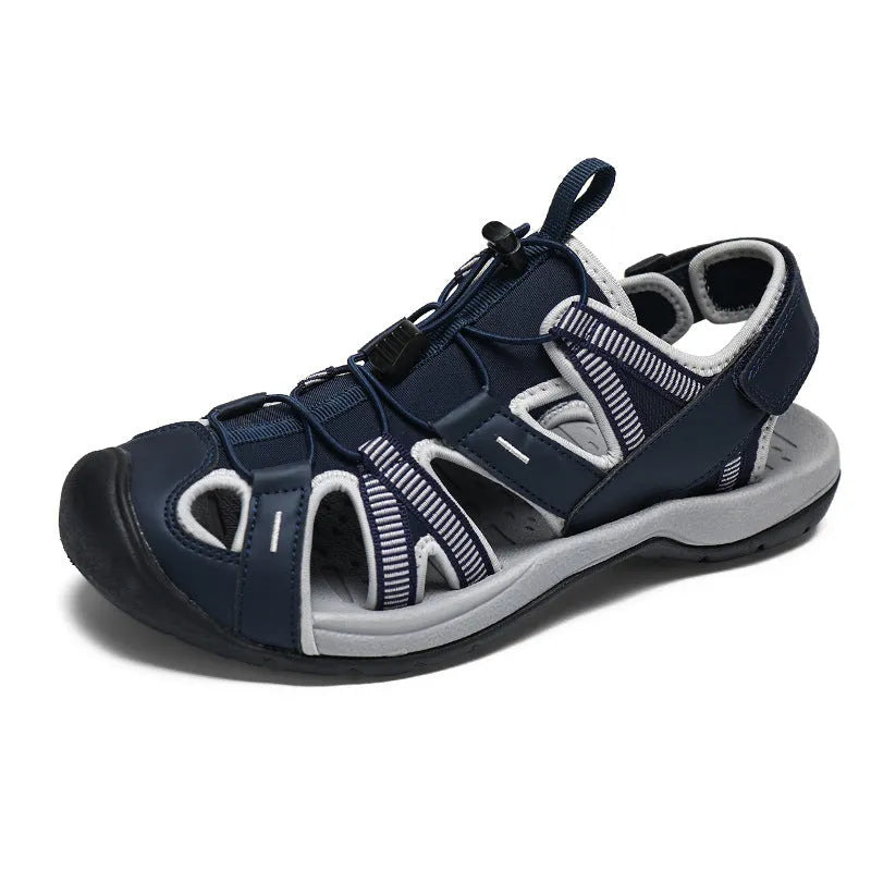 Men's blue casual sports shoe with mesh upper and Velcro strap on a rubber sole.