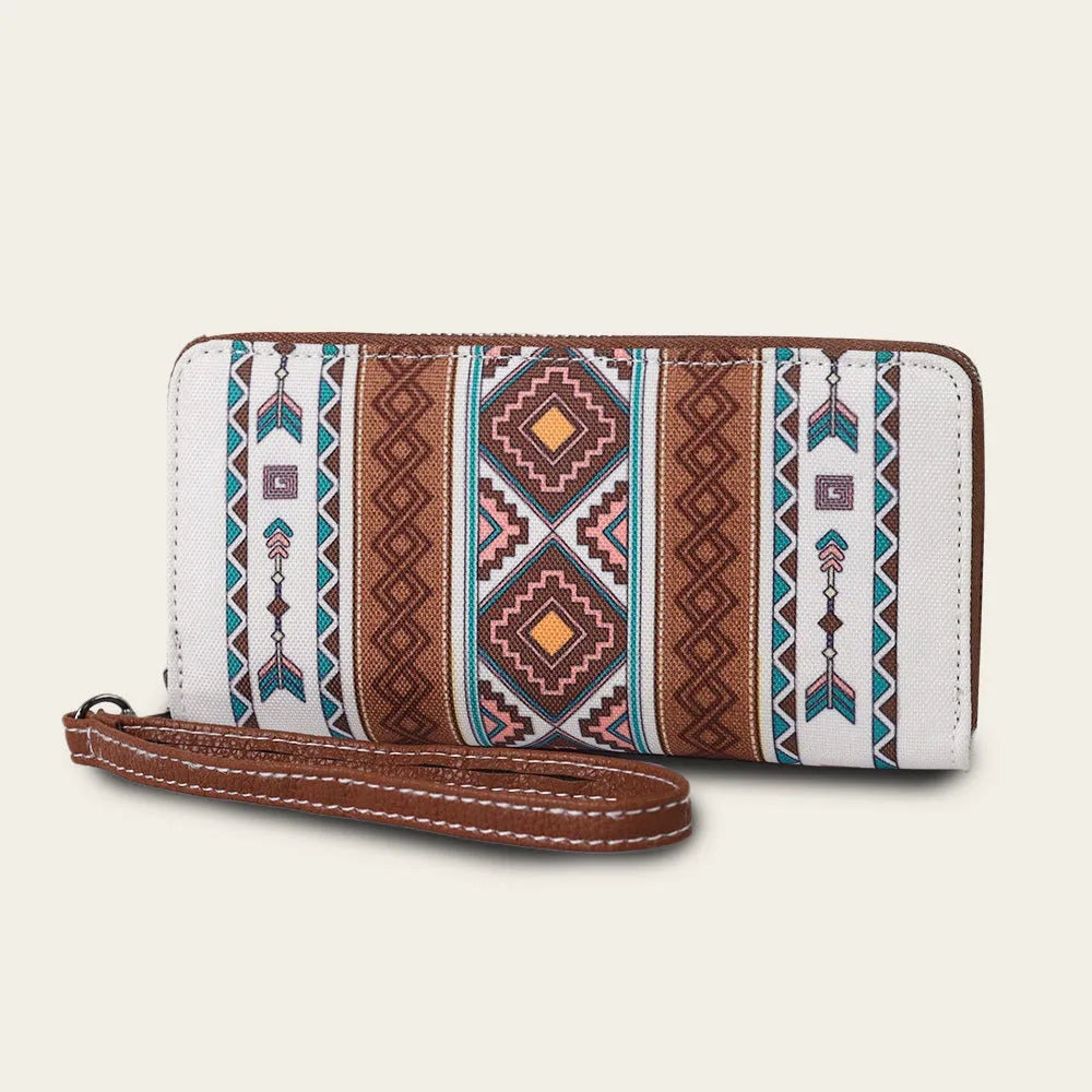 Bohemian striped canvas RFID-blocking wallet showing wind belt design in beige colour