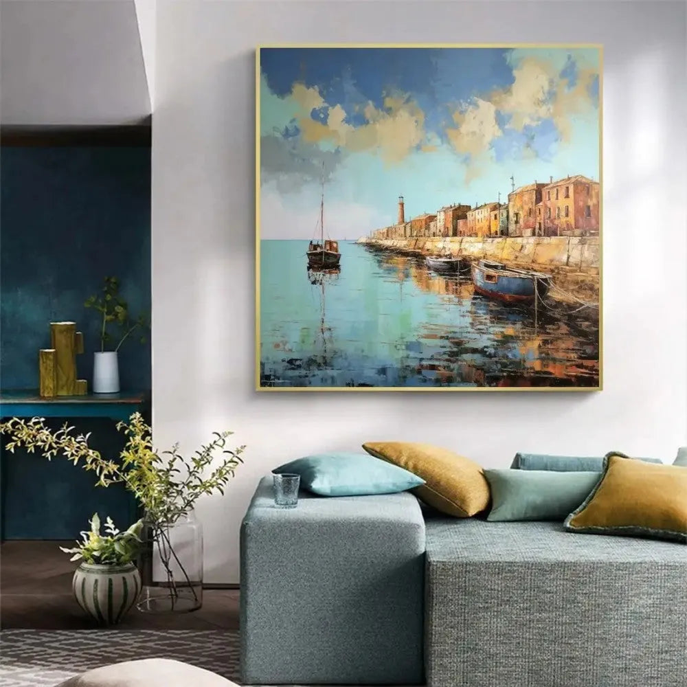 Hand painted landscape oil painting on canvas abstract pier scenery square wall art