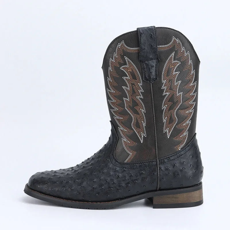 Men's black square toe Western-style motorcycle boots with embroidery detail on a mid-calf shaft.