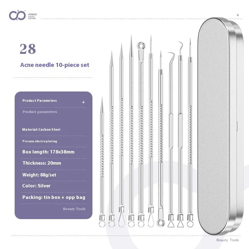 Four metal acne needle tools with pointed tips on a white background.