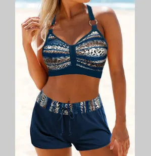 Women's printed two-piece bikini swimsuit on a white background.