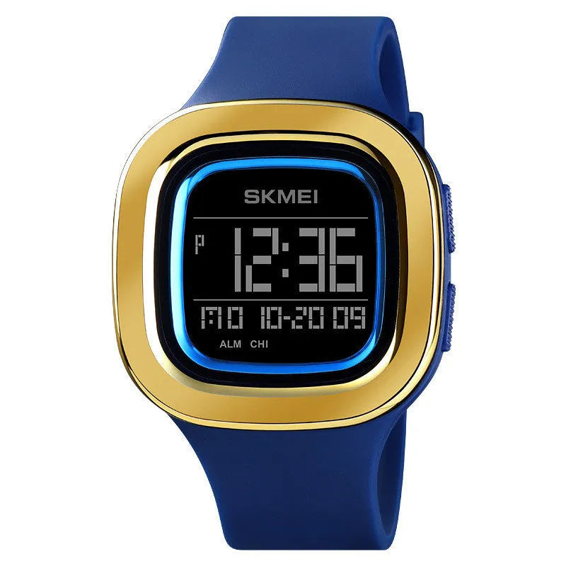 Men's square electronic sports watch with PU strap, stainless steel buckle, available in blue, Army Green, black, and camouflage.