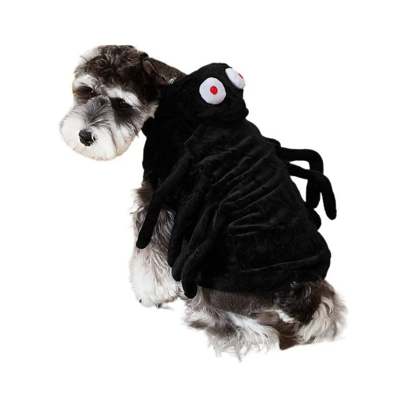 Dog wearing Halloween spider costume in polyester fabric with arachnid pattern design