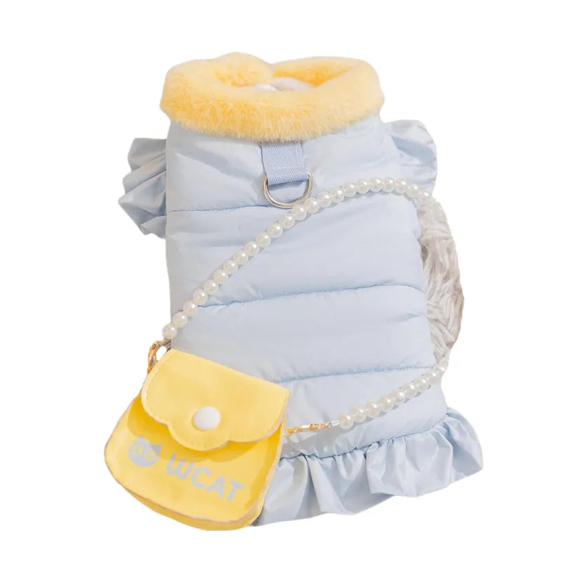 Warm fleece pet skirt for small dogs and cats with built-in D-ring, Blue or Pink, sizes XS to XL