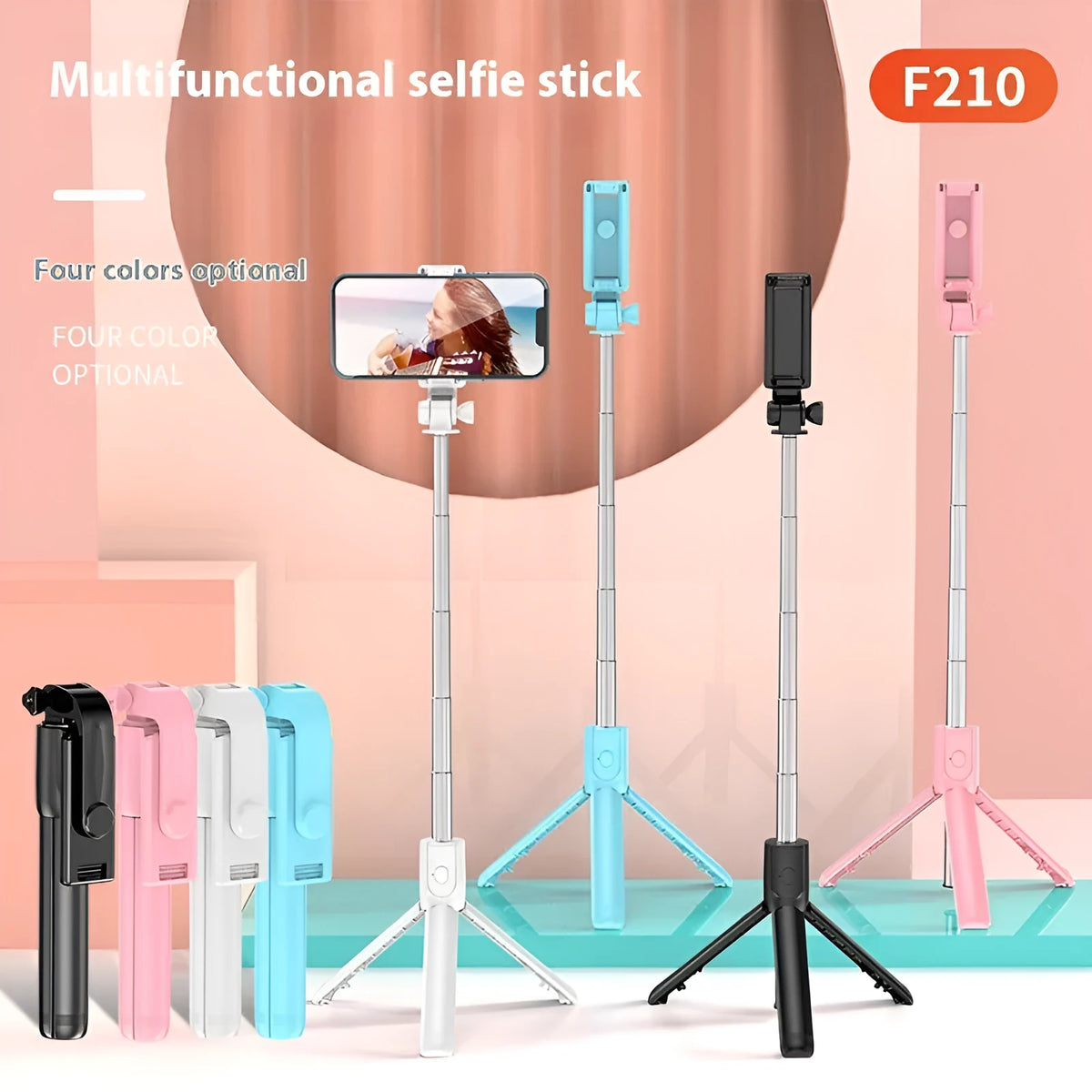 Bluetooth selfie stick tripod with light, 70cm alloy plastic, available in Black Blue Pink White