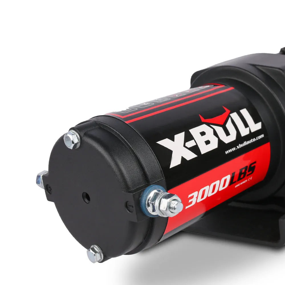 3000 pound electric winch with nylon rope, black, for off-road vehicle recovery, with mounting plate and remote controls