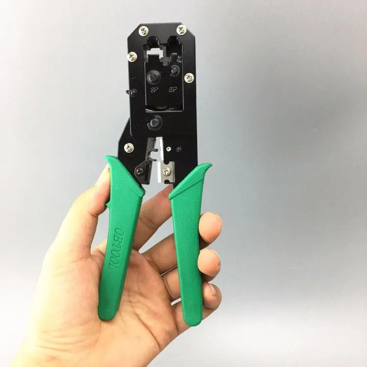 Dual-purpose crystal head net pliers with green plastic handle for crimping RJ45 connectors