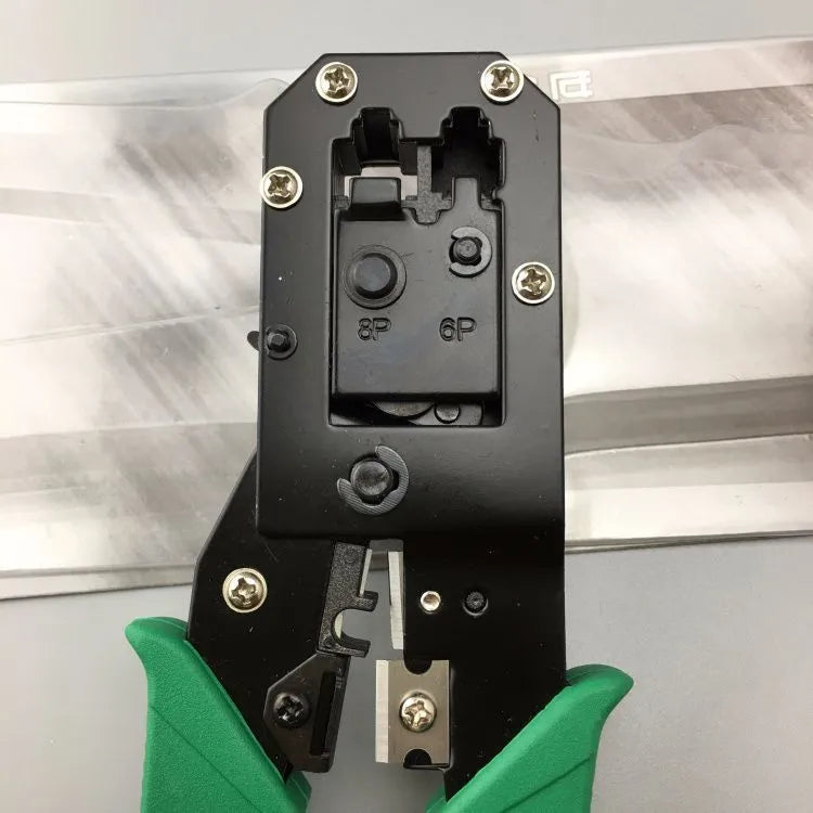 Dual-purpose crystal head net pliers with green plastic handle for crimping RJ45 connectors