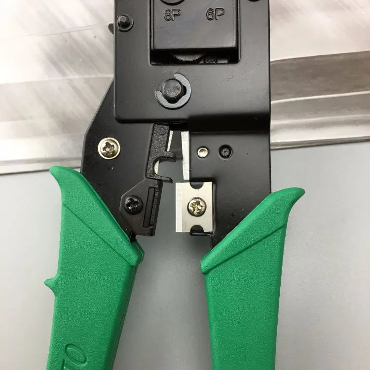 Dual-purpose crystal head net pliers with green plastic handle for crimping RJ45 connectors