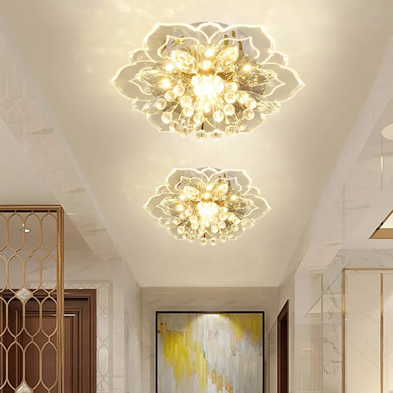 Small modern crystal ceiling lamp with flower-shaped shade and LED lighting