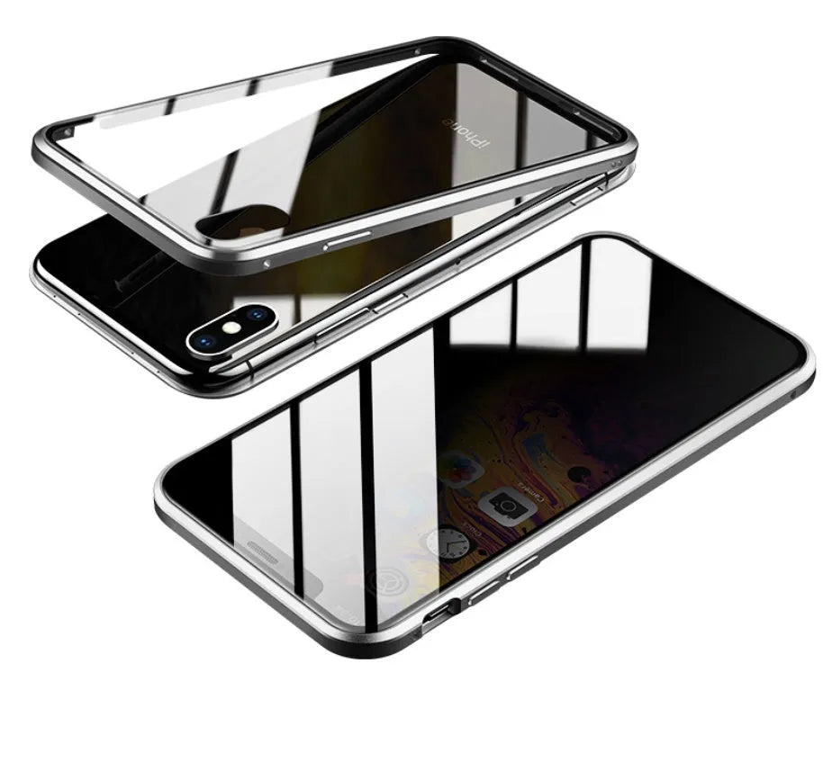 Geometric patterned glass clamshell case for iPhone in multiple colour options on a dark surface.
