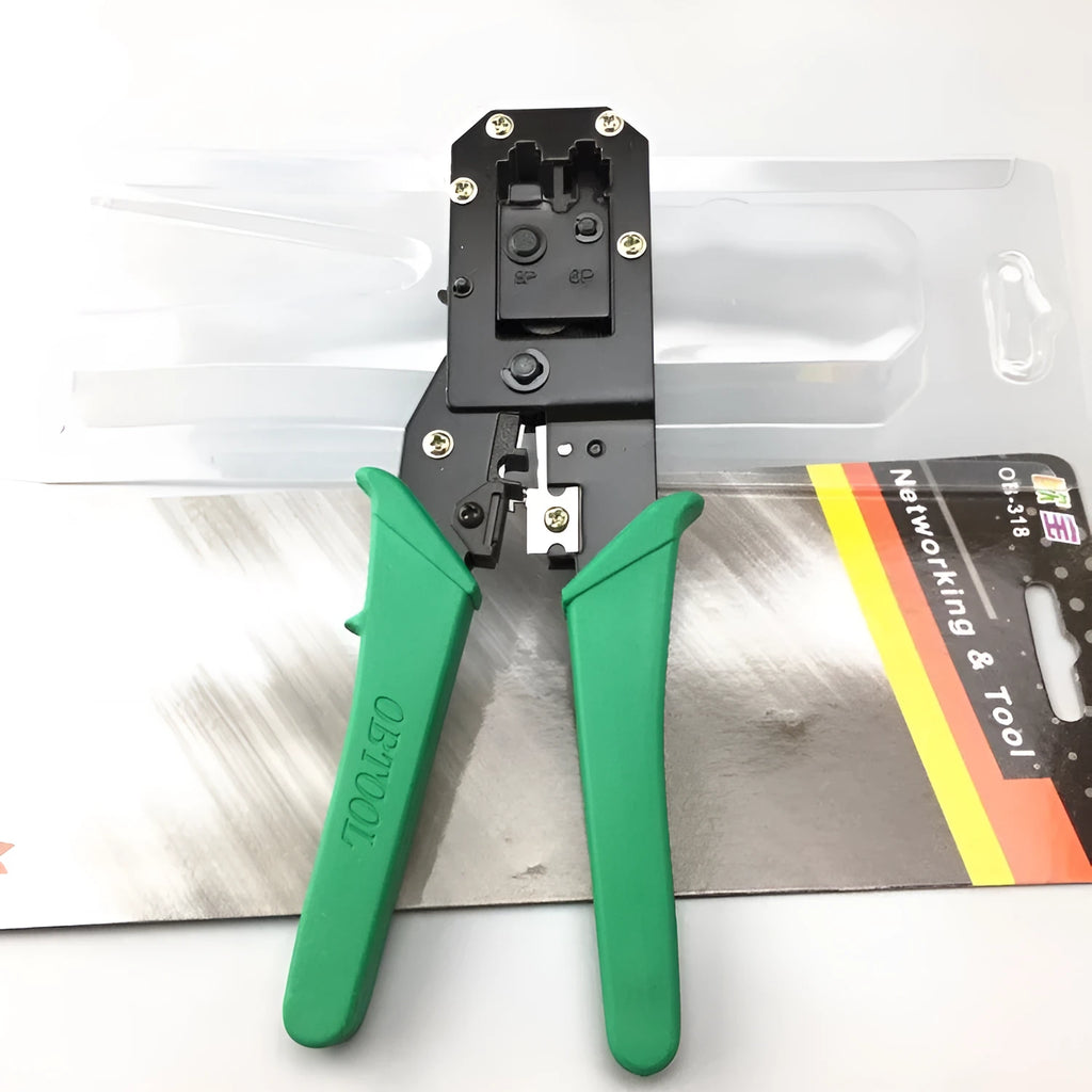 Dual-purpose crystal head net pliers with green plastic handle for crimping RJ45 connectors