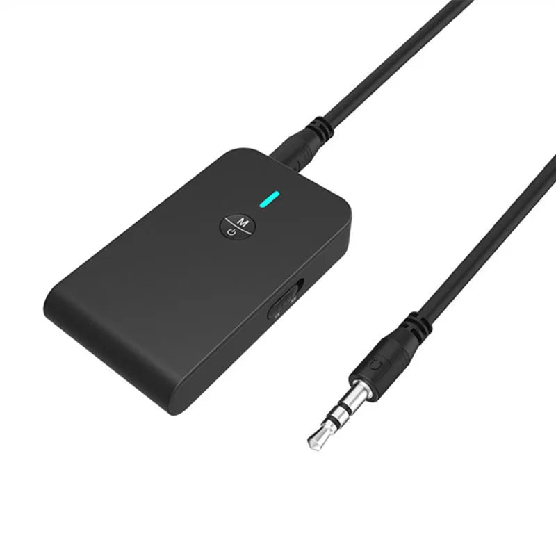 Black Bluetooth audio adapter with 3.5mm AUX jack and USB cable for wireless streaming
