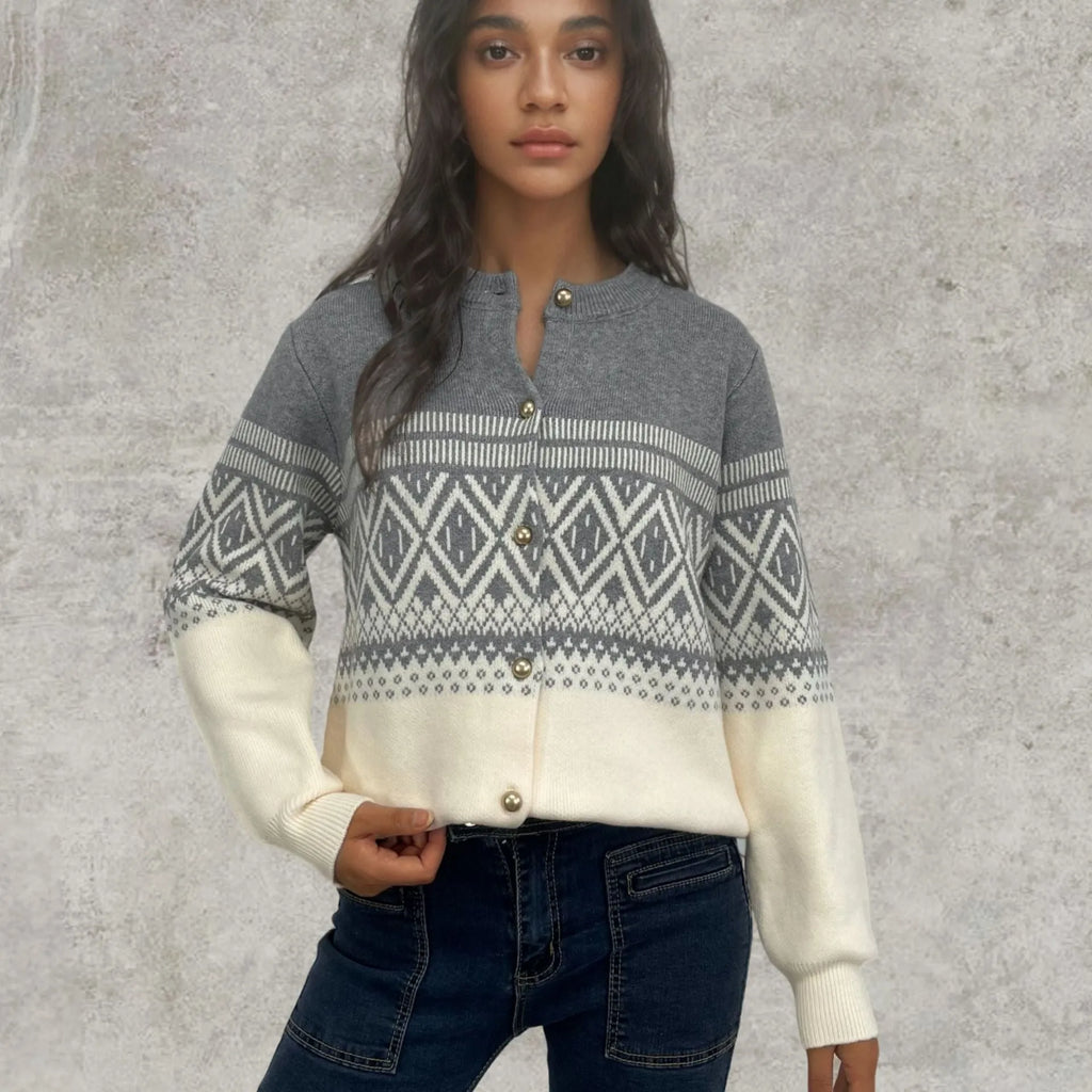 Women's red alpaca fleece cardigan with grey diamond pattern and long sleeves