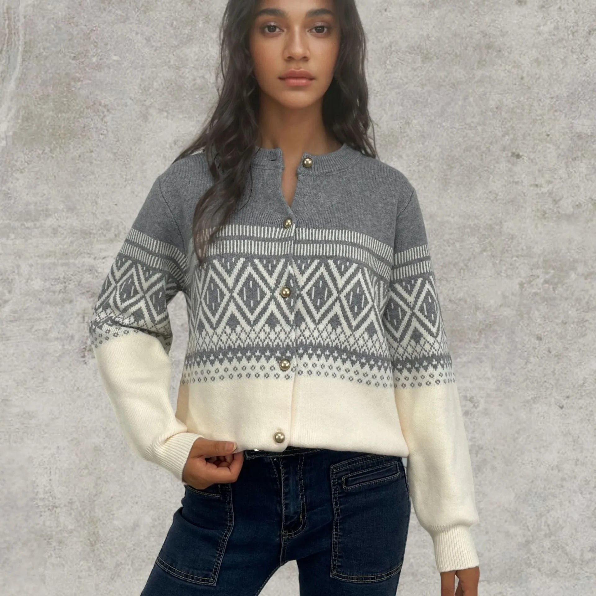 Women's red alpaca fleece cardigan with grey diamond pattern and long sleeves