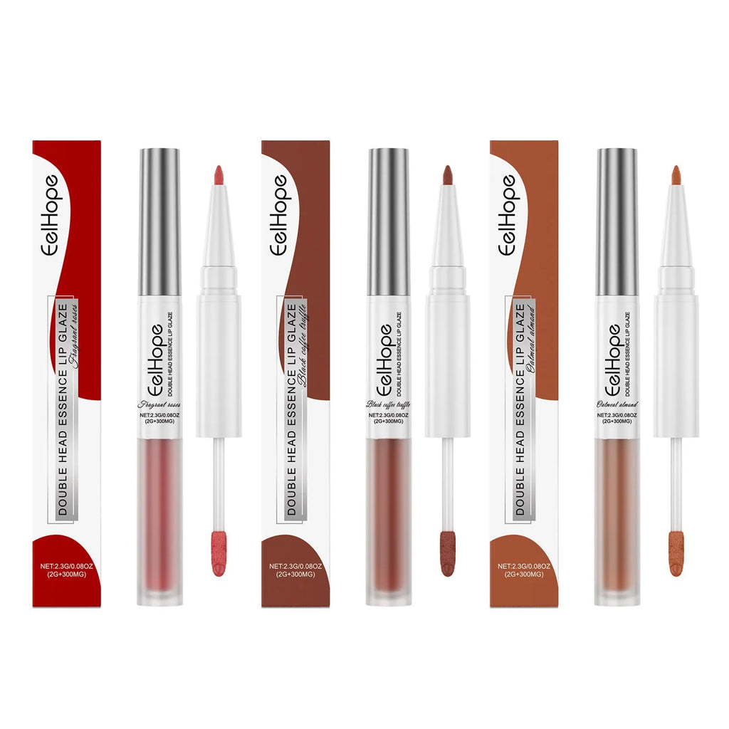Double-headed lip liner and lip lacquer pen in black coffee, fragrant, and oat almond colours