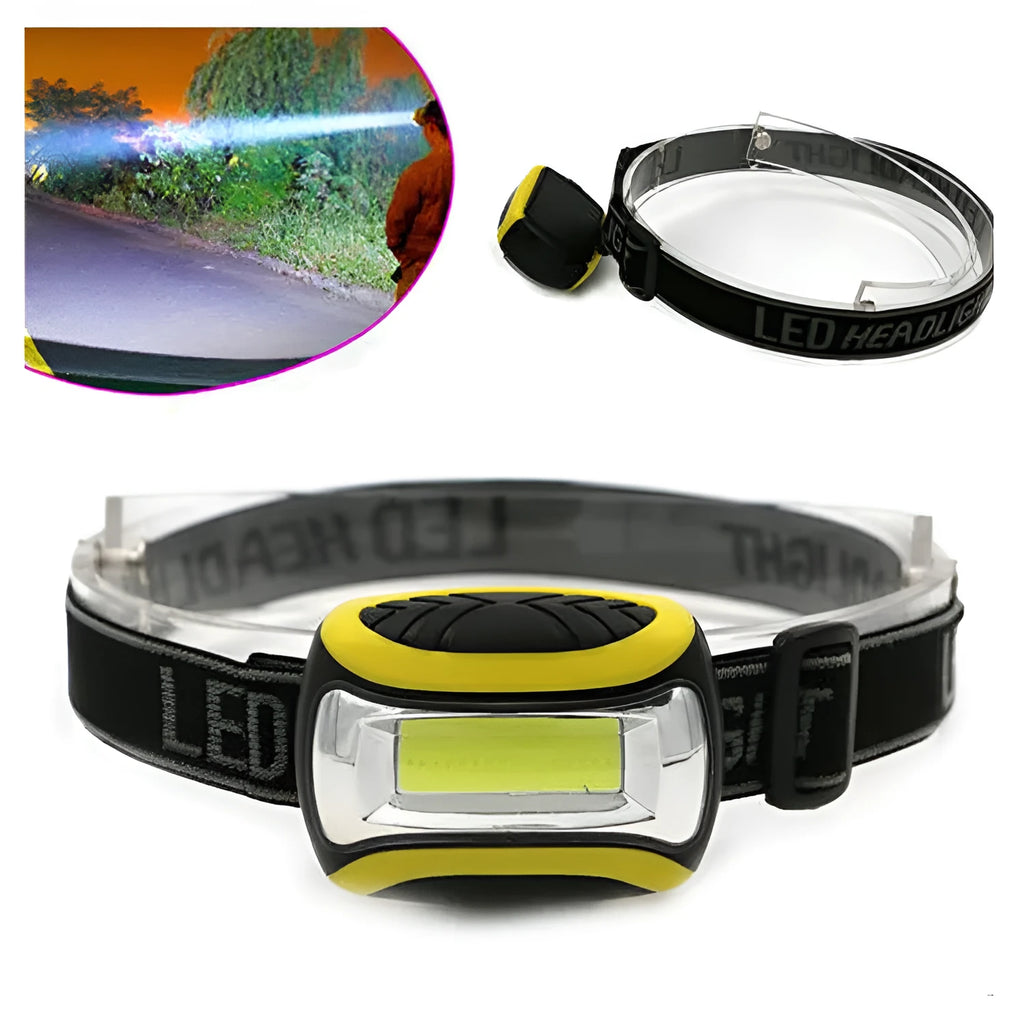 Yellow plastic headlamp with three-speed settings for hands-free outdoor and work lighting