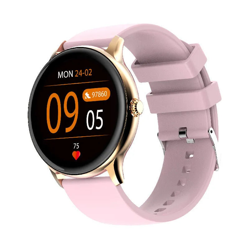 Black Bluetooth smartwatch with a 1.28-inch screen on a silicone wristband, showing health monitoring data.
