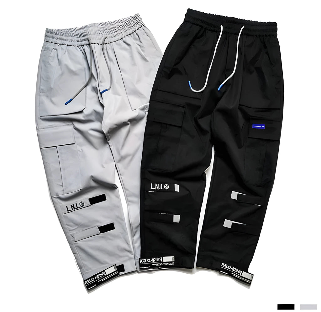 VantageGo cotton streetwear joggers in Black and Grey, sizes M to 2XL, with centimetre size chart