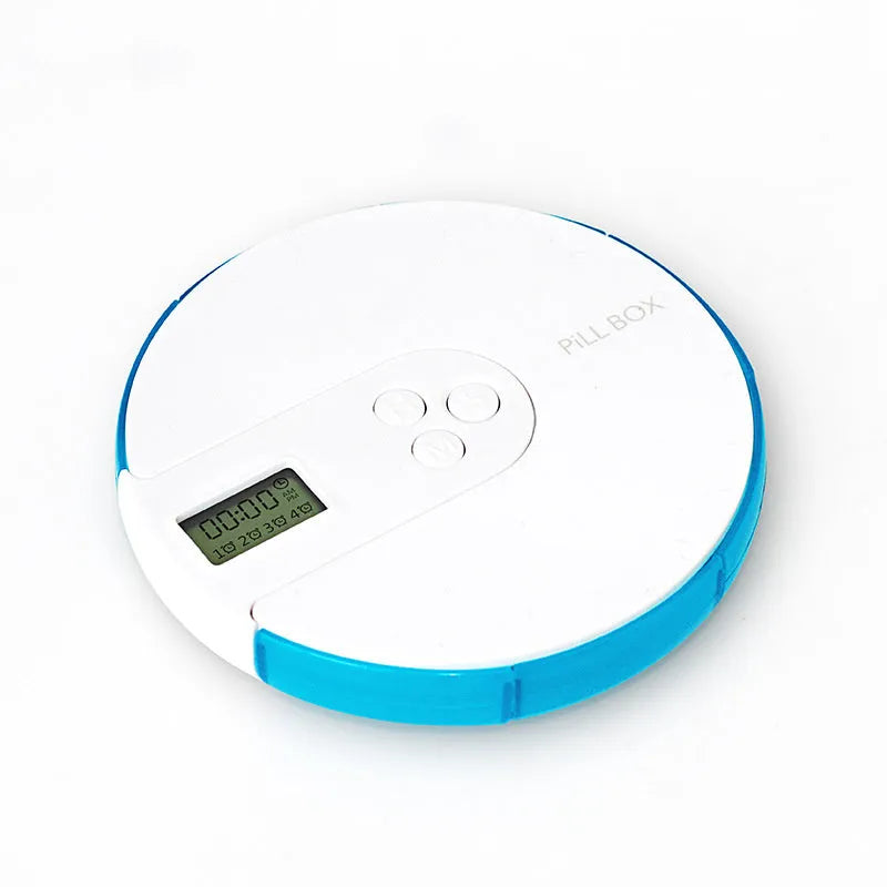 Seven-compartment electronic pill dispenser with alarm clock display showing timer settings