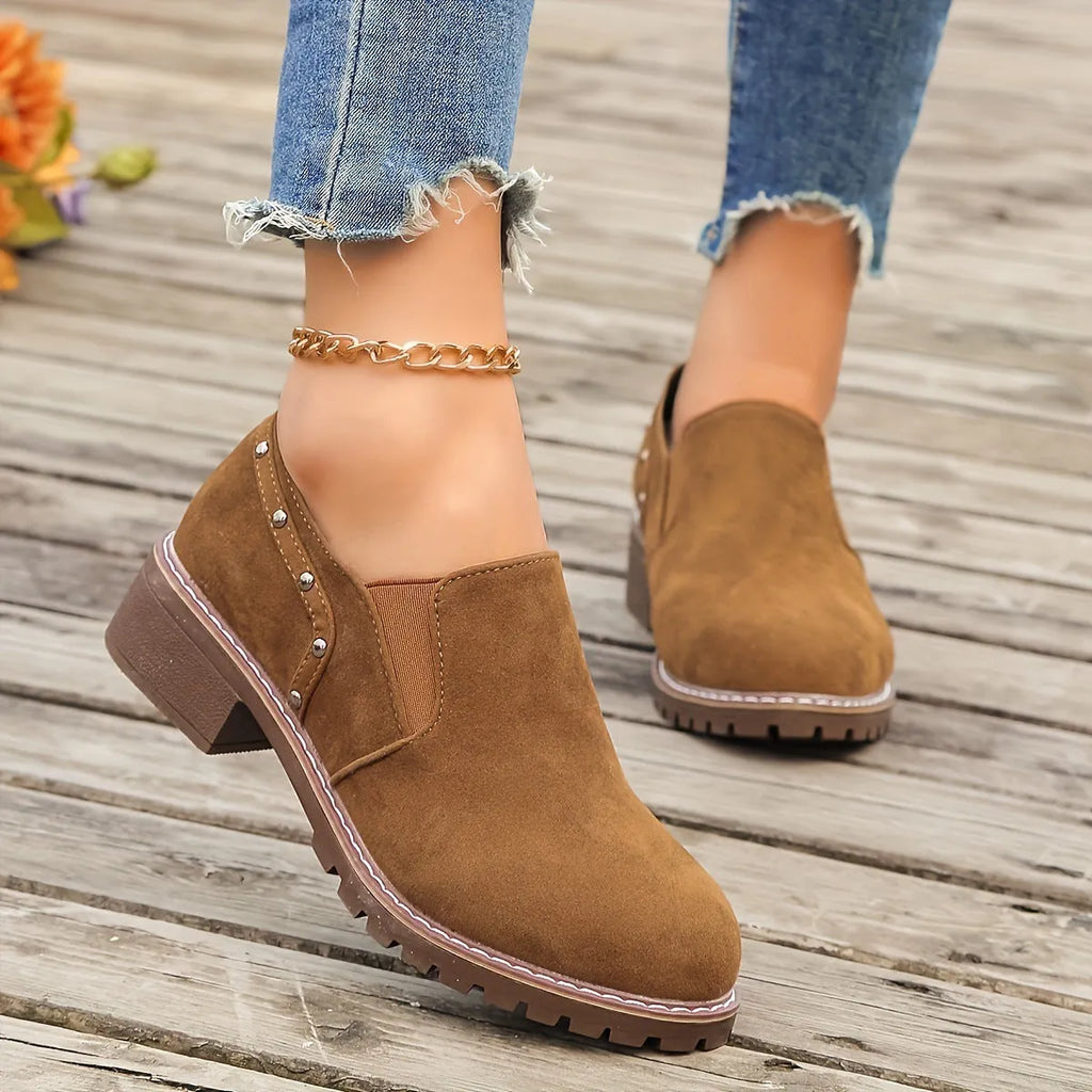 Women's plus size suede ankle boots with low heel and elastic band in light brown