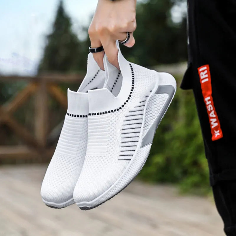 Men's mesh sock sneakers with striped design and lace-up front closure