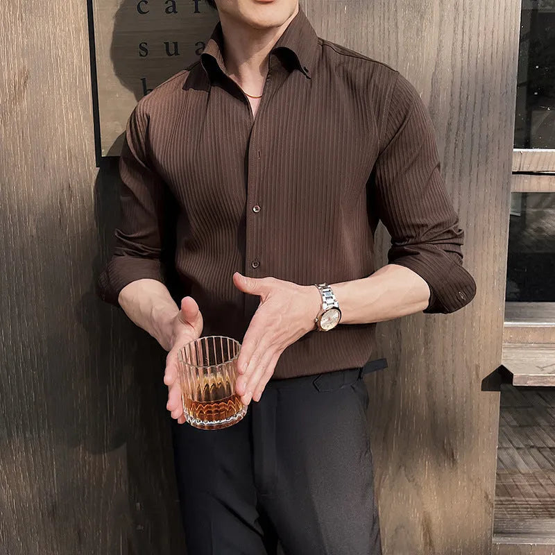 Men's striped V-neck long sleeve casual shirt in polyester blend fabric showing cardigan style