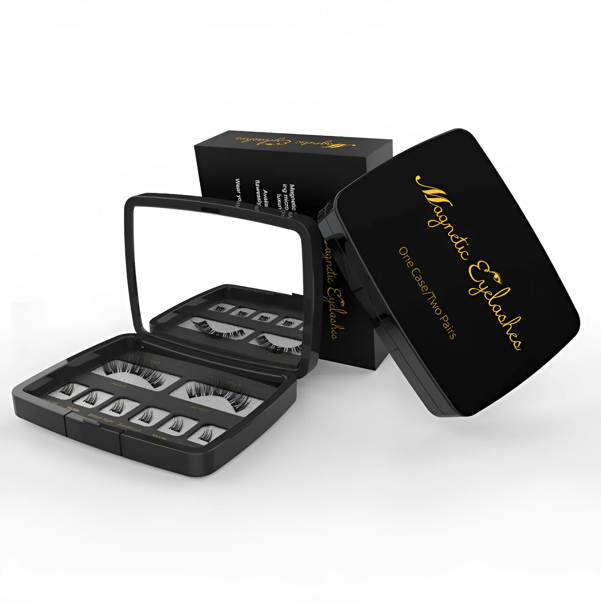 Magnetic eyelashes set with 3+6 small clusters, black box, transparent cover with mirror, and black tweezers option.