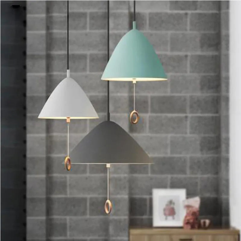 Nordic 220V pendant light for duplex and restaurant, shown in 40cm, 33cm and 27cm sizes with six colour options