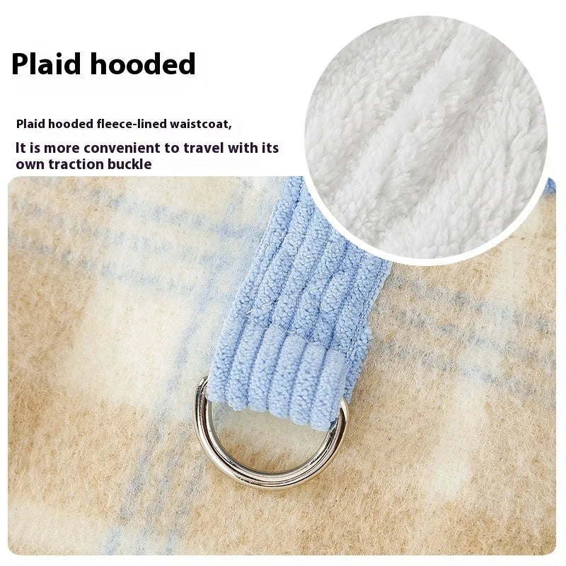 Blue corduroy dog vest with chessboard grid pattern and hood, sized for medium dogs