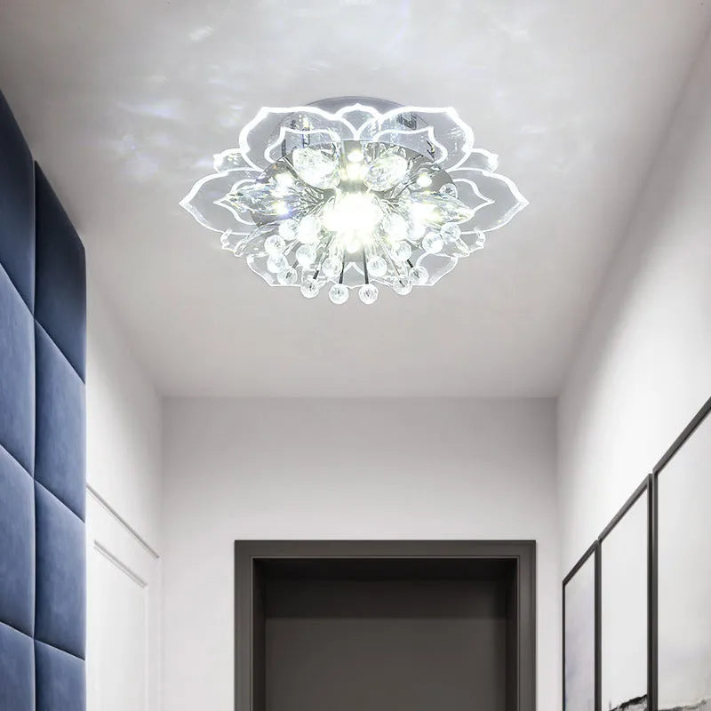 Small modern crystal ceiling lamp with flower-shaped shade and LED lighting