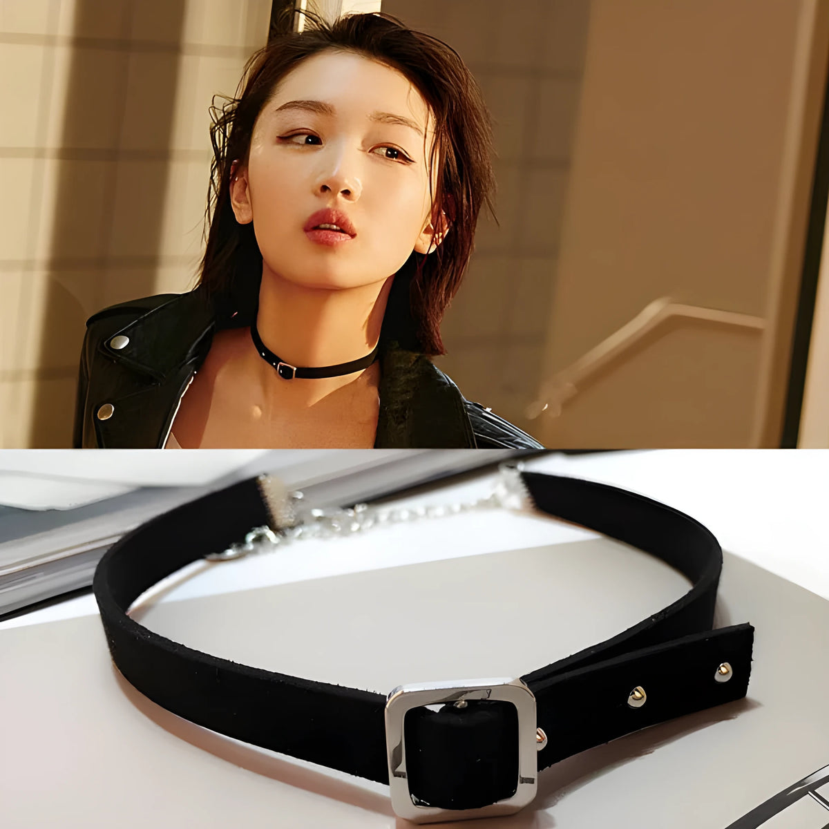Studded choker necklace women's geometric alloy jewellery in gold or silver Korean style