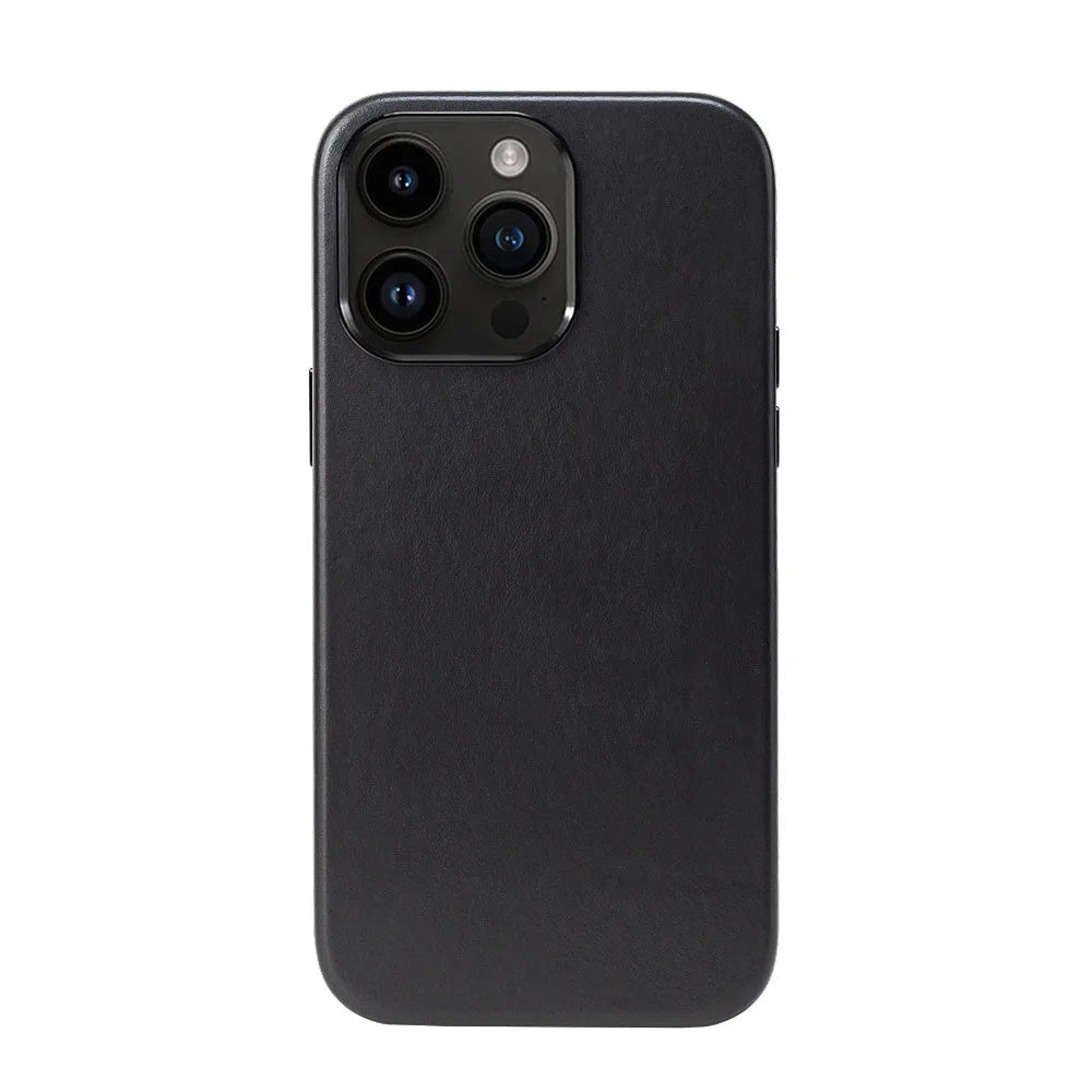 Genuine leather magnetic phone case for Apple iPhone in Black with full edge wrapping cowhide cover