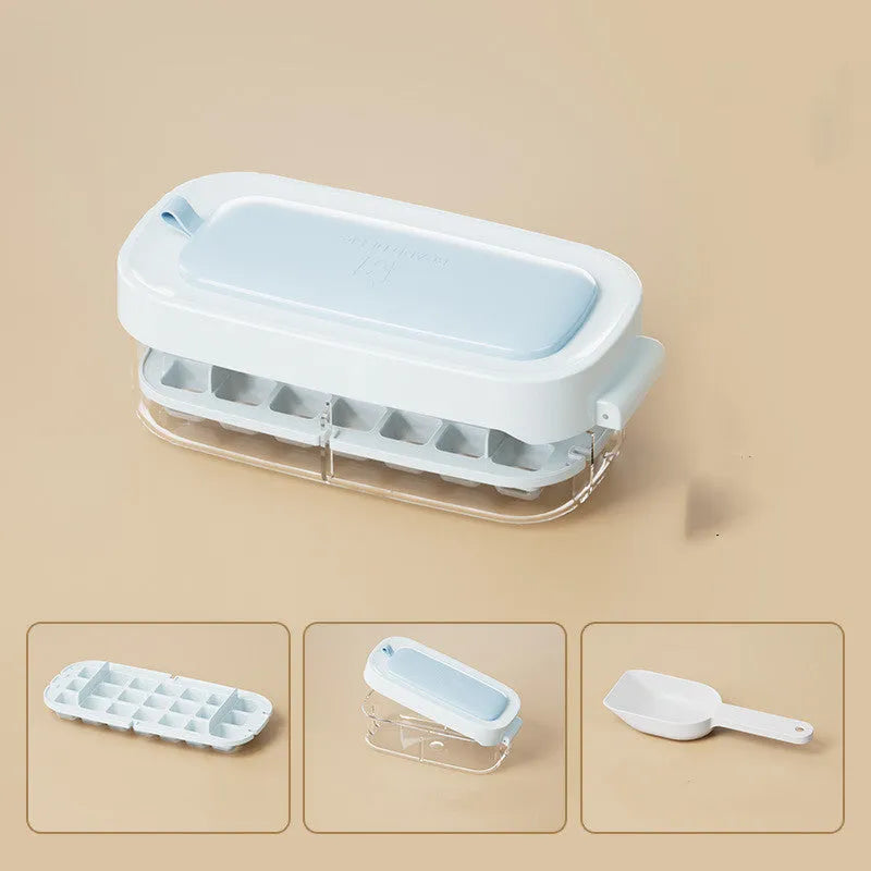 Food grade plastic ice cube tray grid in assorted colours with built-in storage for an ice shovel